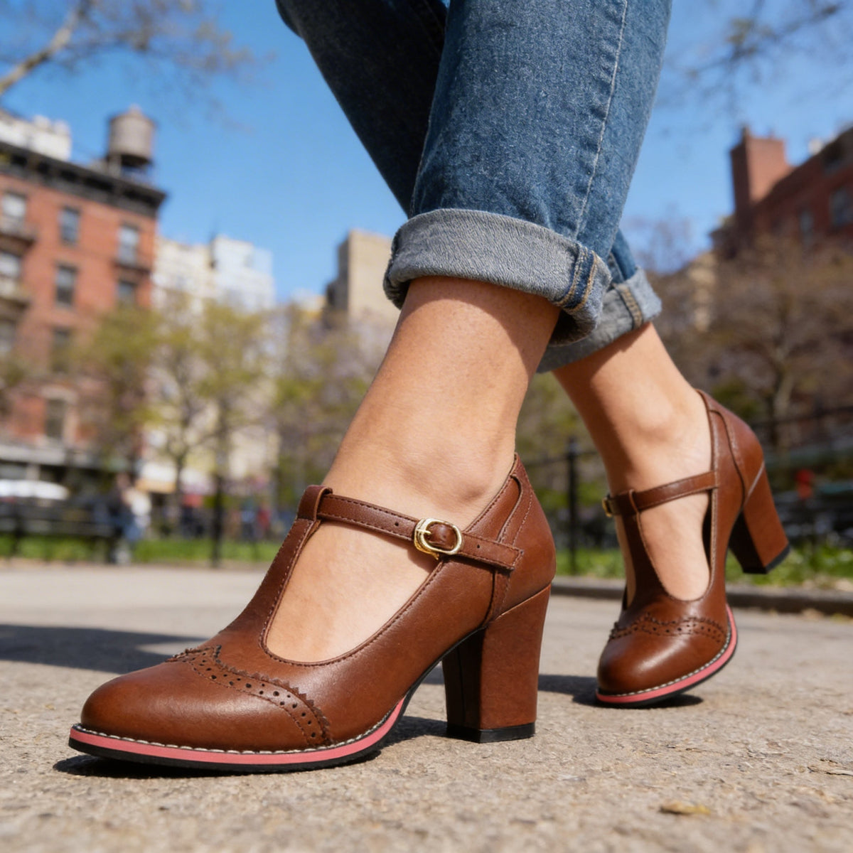 Brogue T-bar block heel shoes for women