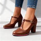 Brogue T-bar block heel shoes for women