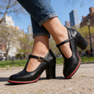 Brogue T-bar block heel shoes for women
