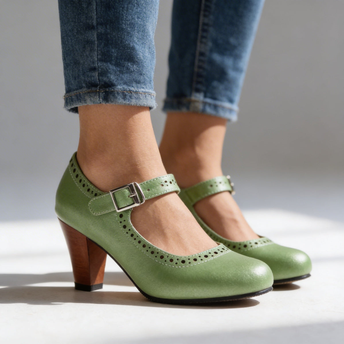 Brogue block heel Mary Jane shoes for women