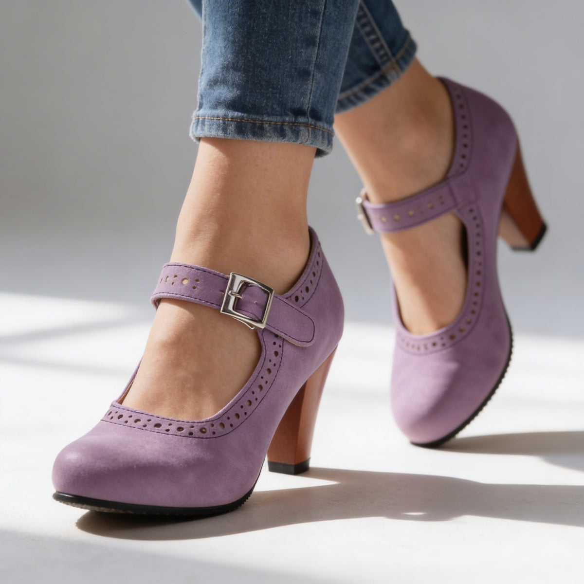 Brogue block heel Mary Jane shoes for women