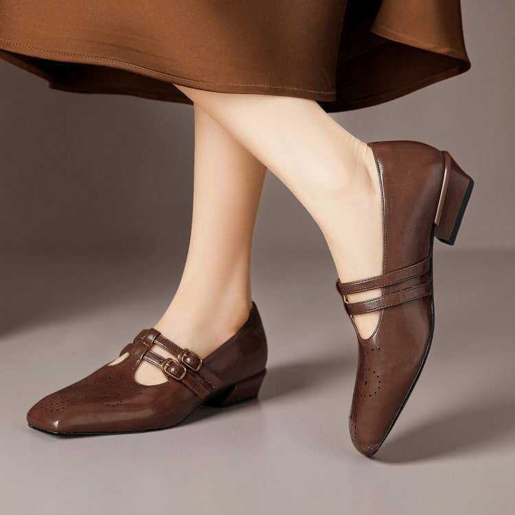 Double buckle brogue Mary Jane heels for women