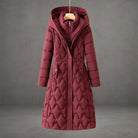 Longline hooded down coat for women in red, white, brown or black