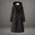 Longline hooded down coat for women in red, white, brown or black