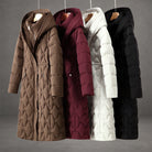 Longline hooded down coat for women in red, white, brown or black