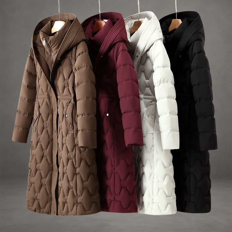 Longline hooded down coat for women in red, white, brown or black