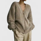 Fuzzy V-neck cardigan in beige, light gray, white and dark gray for women
