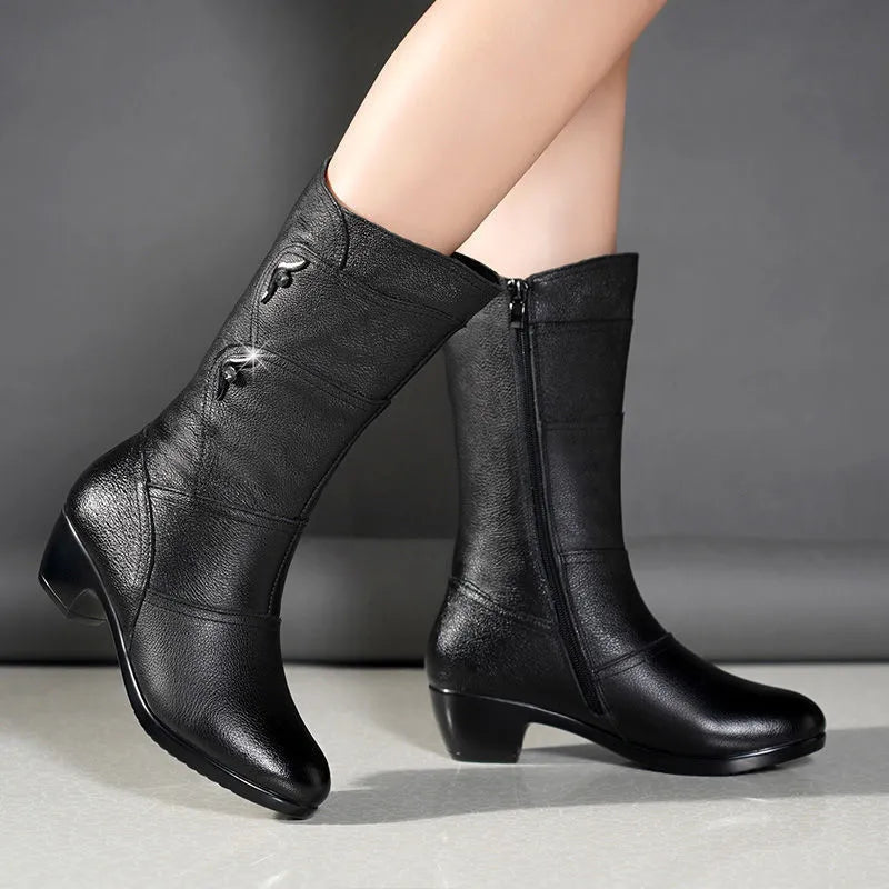 Black embellished pointed toe mid-calf boots for women