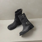 Square toe mid-calf double buckle boots for women