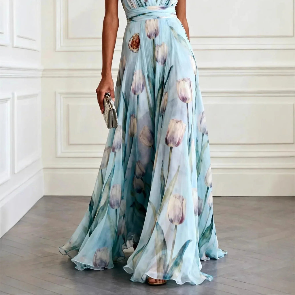 Vestido largo con estampado de tulipanes y escote en V