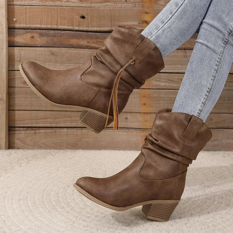 Braided tassel slouch boots for women