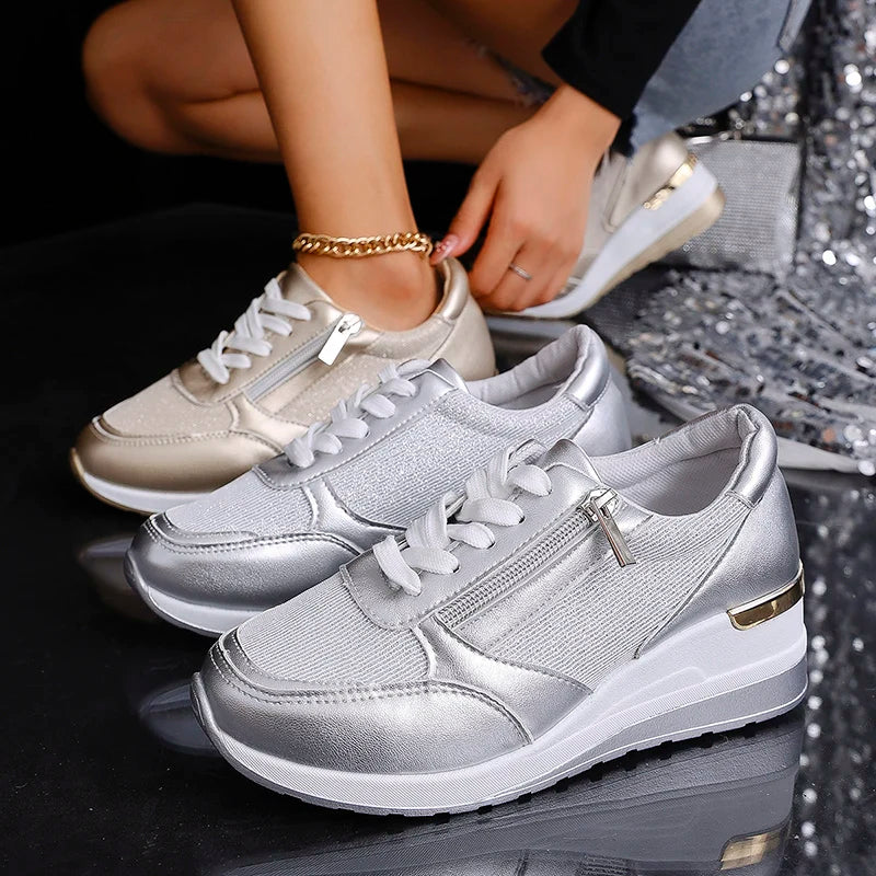 Metallic platform wedge sneakers for women
