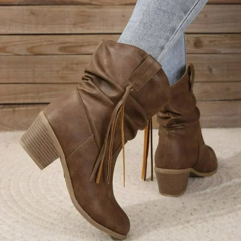 Braided tassel slouch boots for women