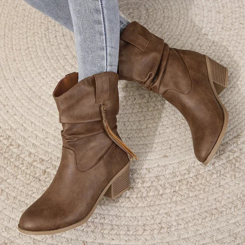 Braided tassel slouch boots for women