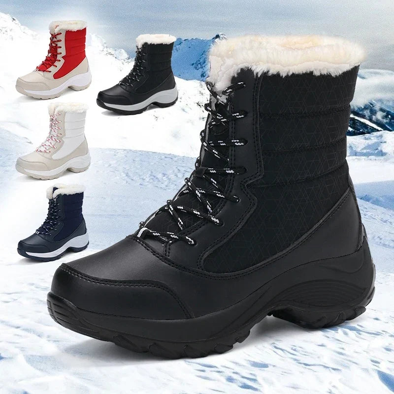 Waterproof faux fur cuff lace-up snow boots for women
