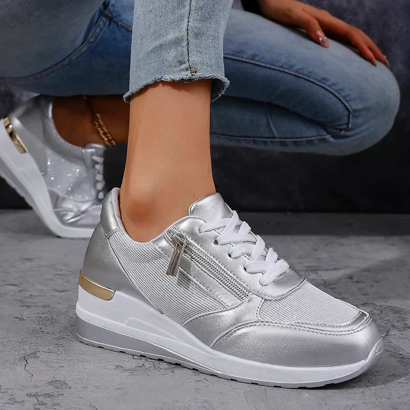 Metallic platform wedge sneakers for women