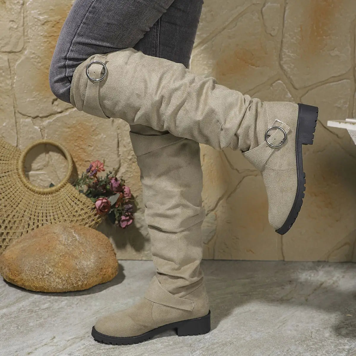 Buckle slouch over-the-knee boots for women