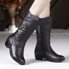 Black embellished pointed toe mid-calf boots for women