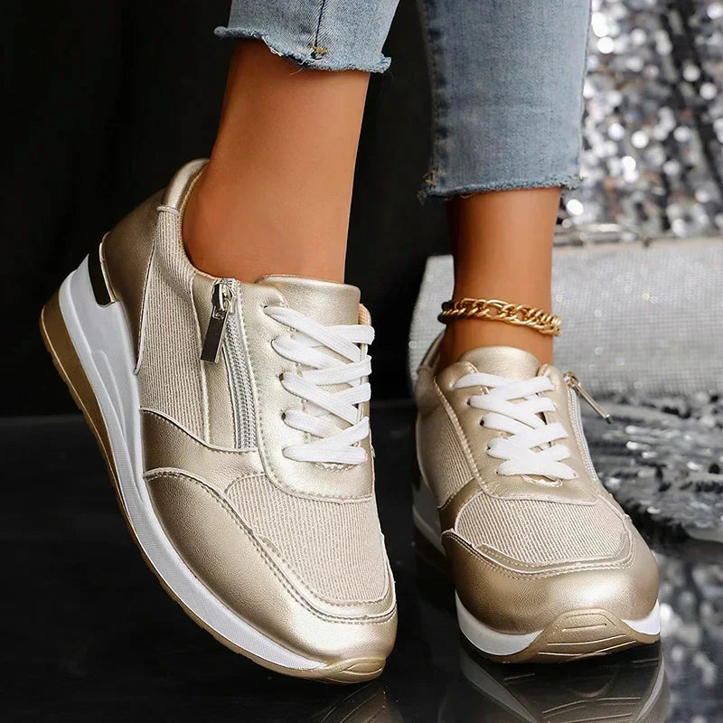 Metallic platform wedge sneakers for women