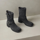 Square toe mid-calf double buckle boots for women