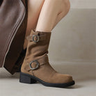 Square toe mid-calf double buckle boots for women