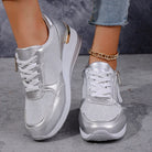 Metallic platform wedge sneakers for women