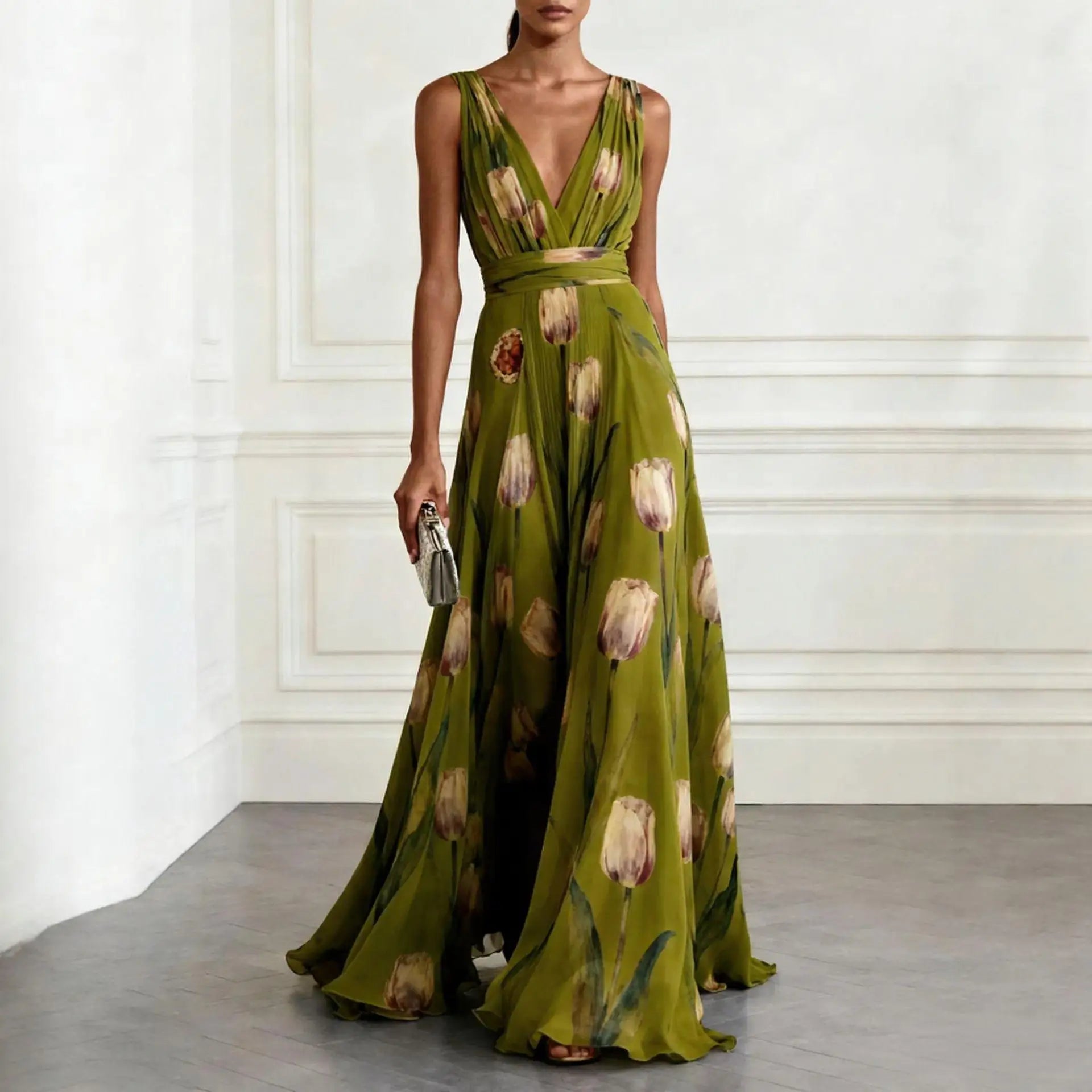 Vestido largo con estampado de tulipanes y escote en V