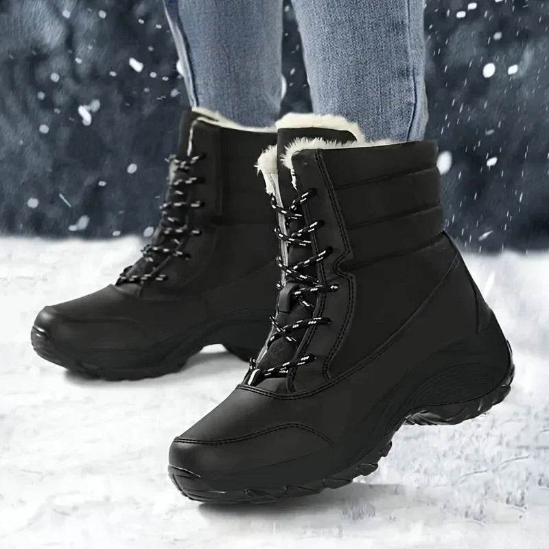 Waterproof faux fur cuff lace-up snow boots for women