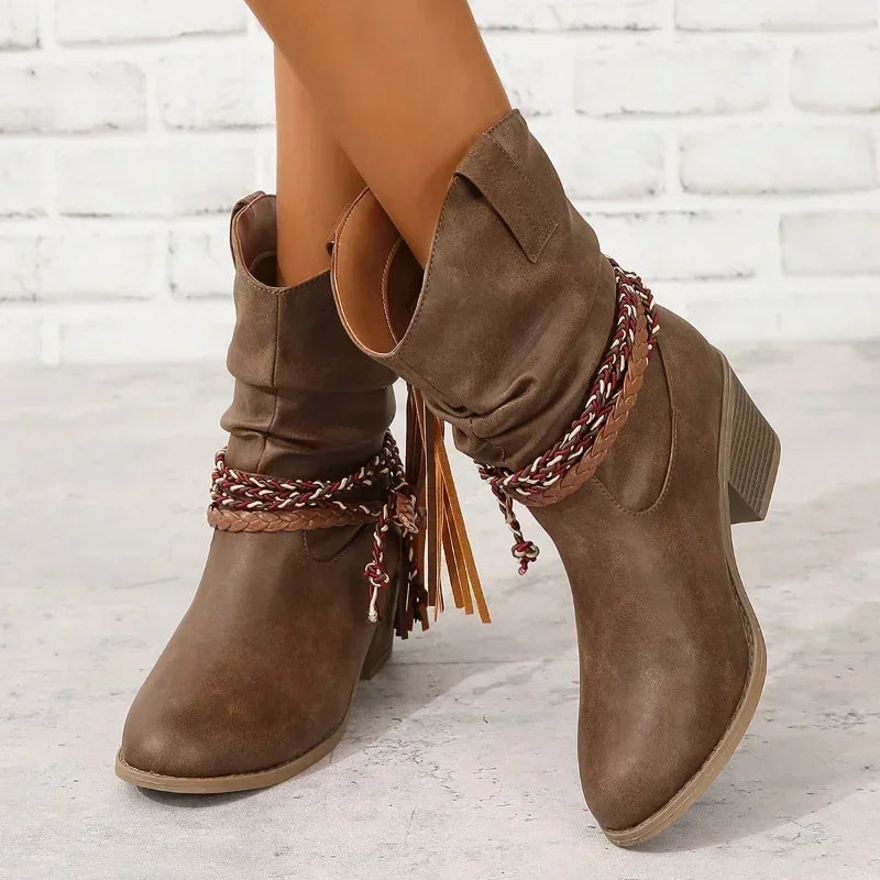 Braided tassel slouch boots for women