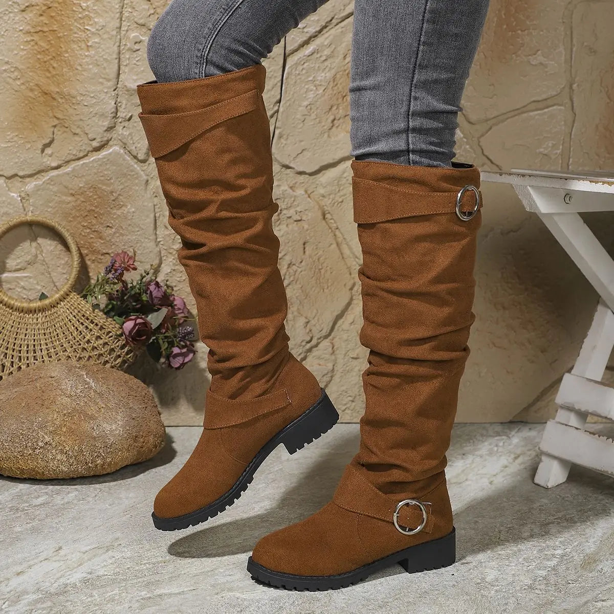 Buckle slouch over-the-knee boots for women