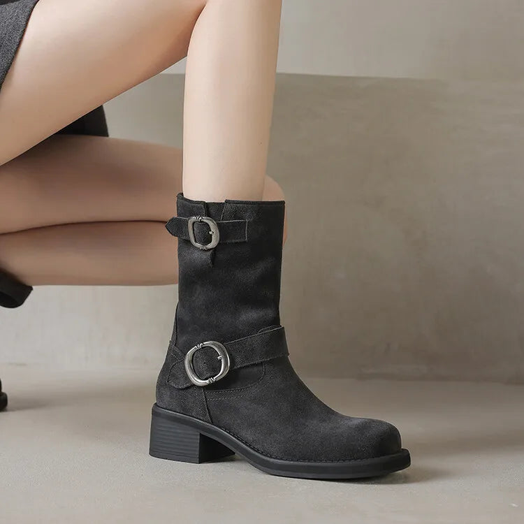 Square toe mid-calf double buckle boots for women