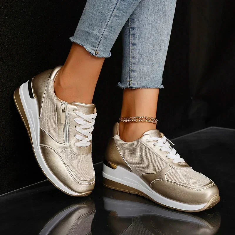 Metallic platform wedge sneakers for women