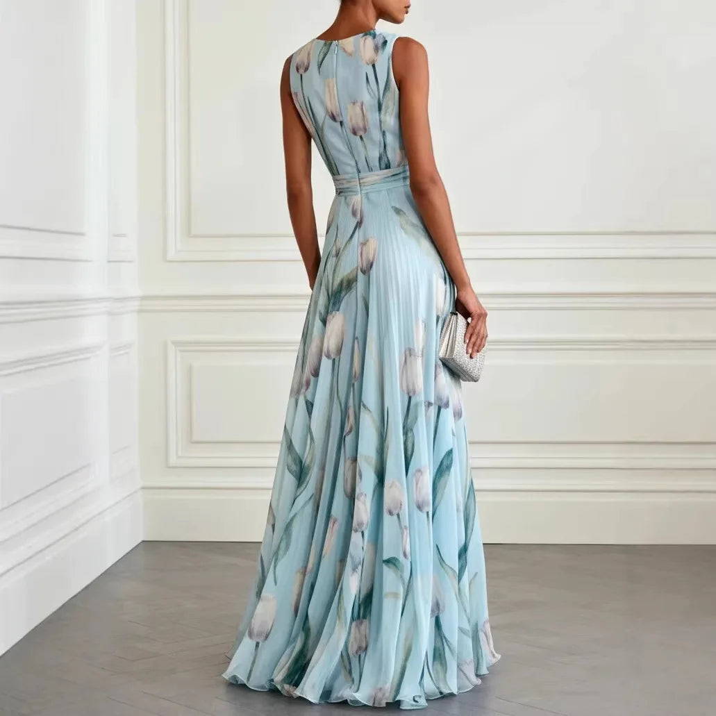 Vestido largo con estampado de tulipanes y escote en V