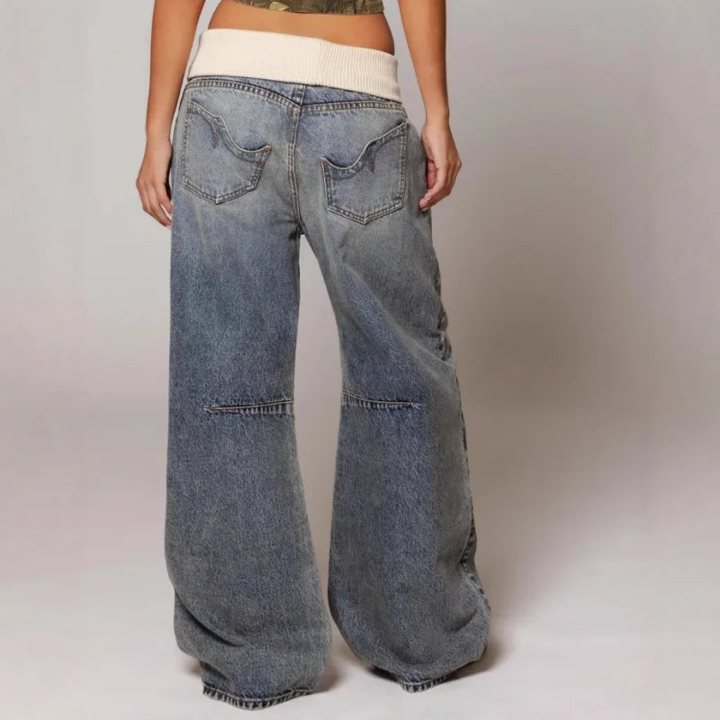 Ribbed waist wide leg jeans for women