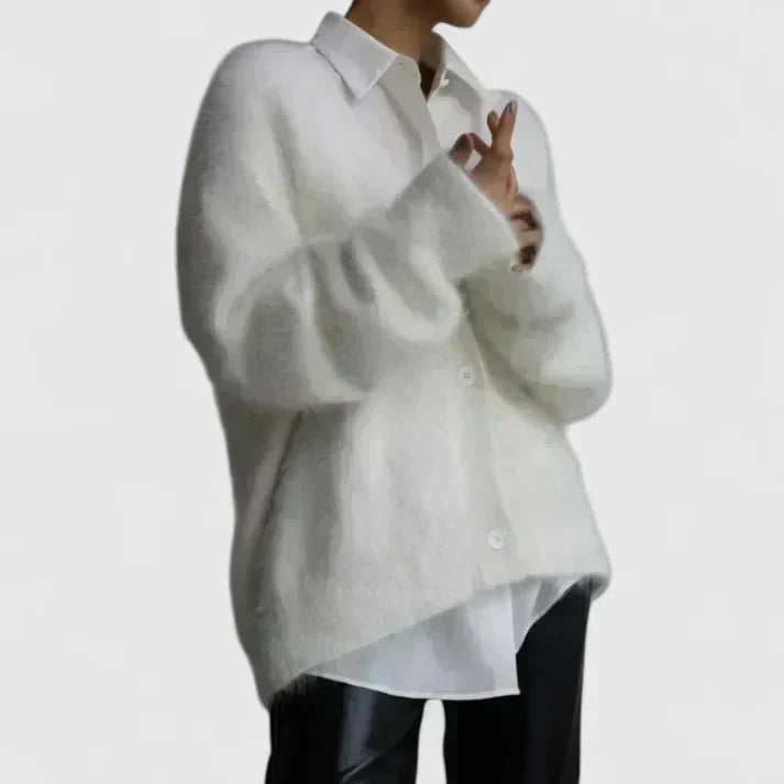 Fuzzy V-neck cardigan in beige, light gray, white and dark gray for women