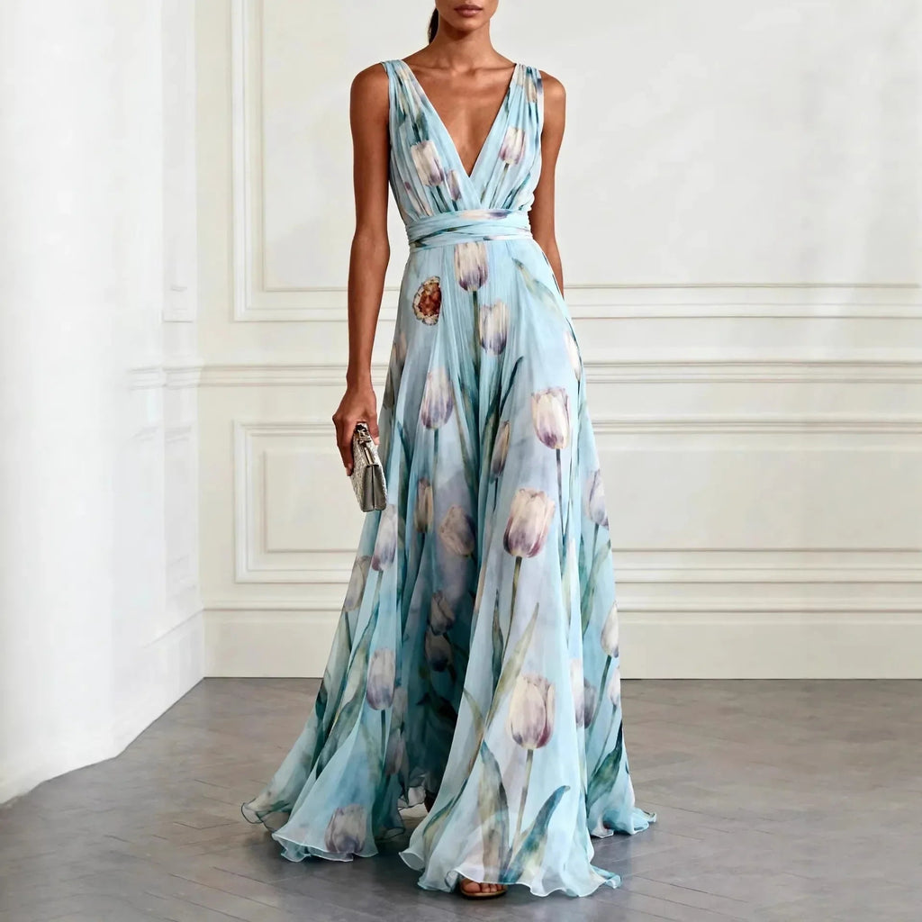 Vestido largo con estampado de tulipanes y escote en V