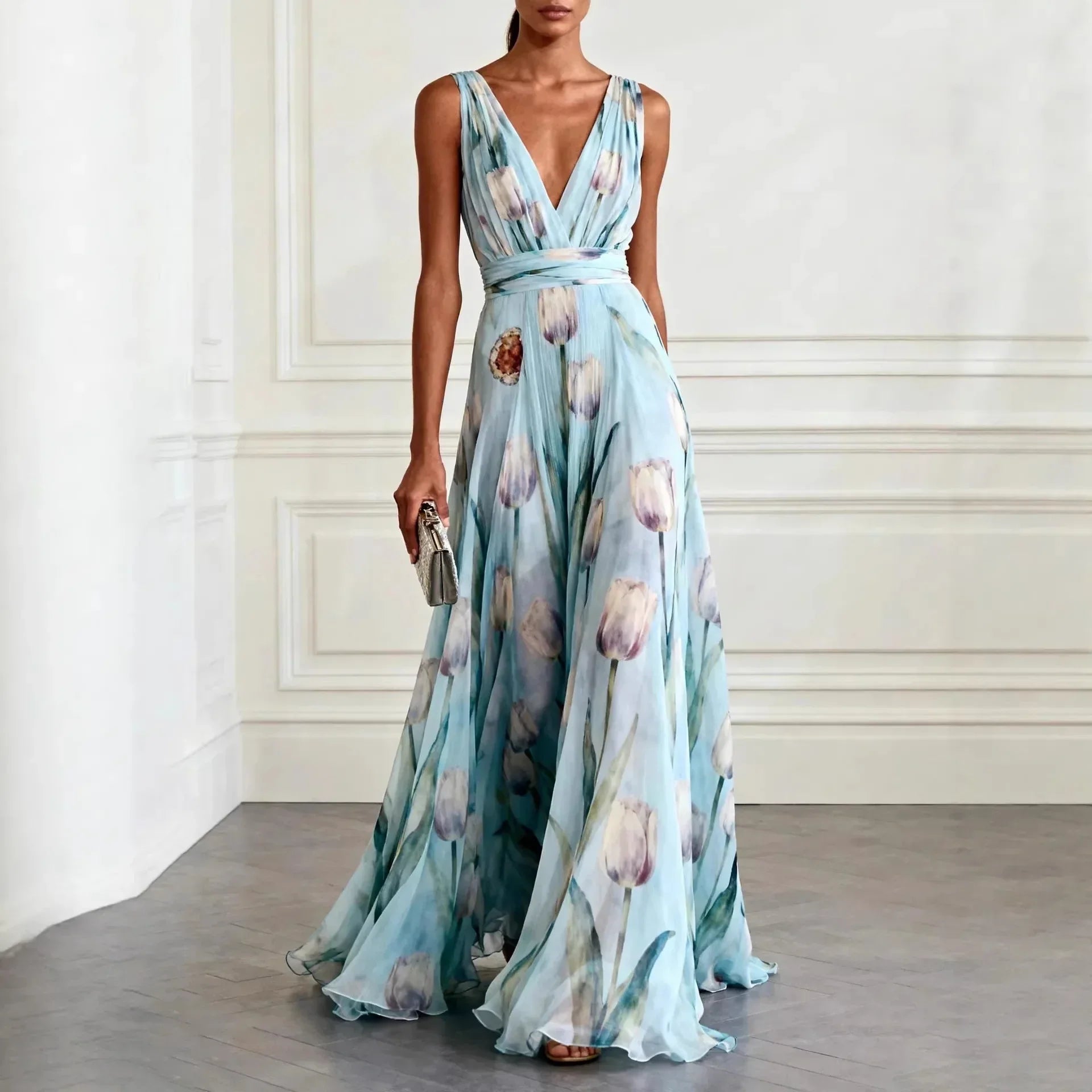 Vestido largo con estampado de tulipanes y escote en V