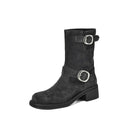 Square toe mid-calf double buckle boots for women