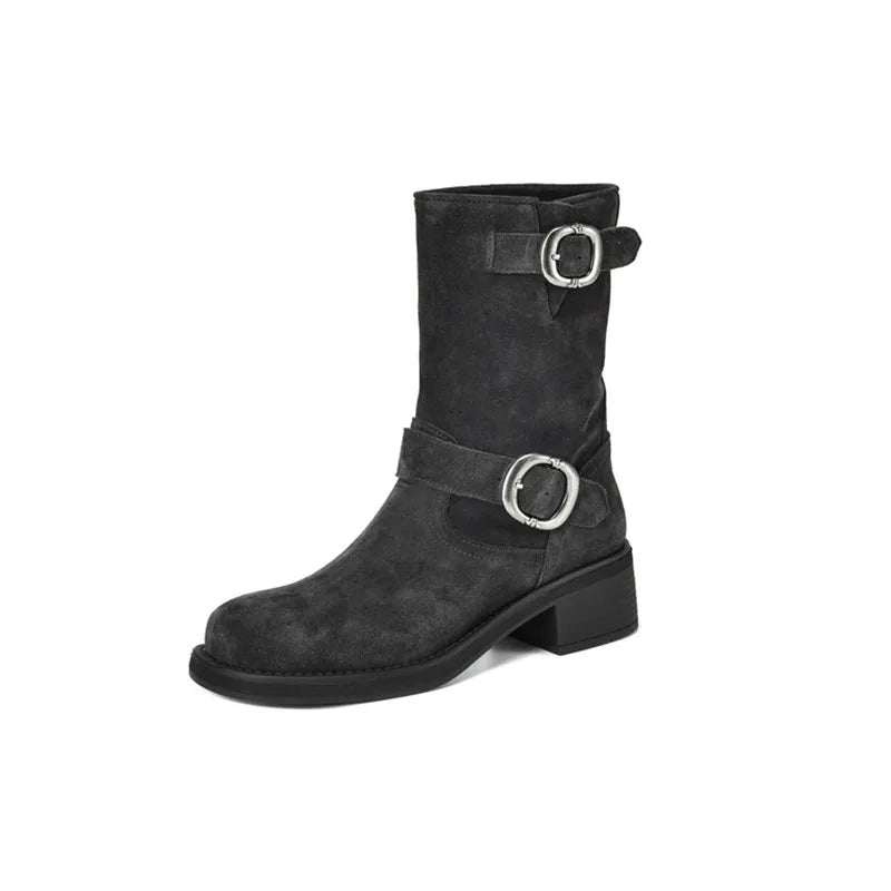 Square toe mid-calf double buckle boots for women