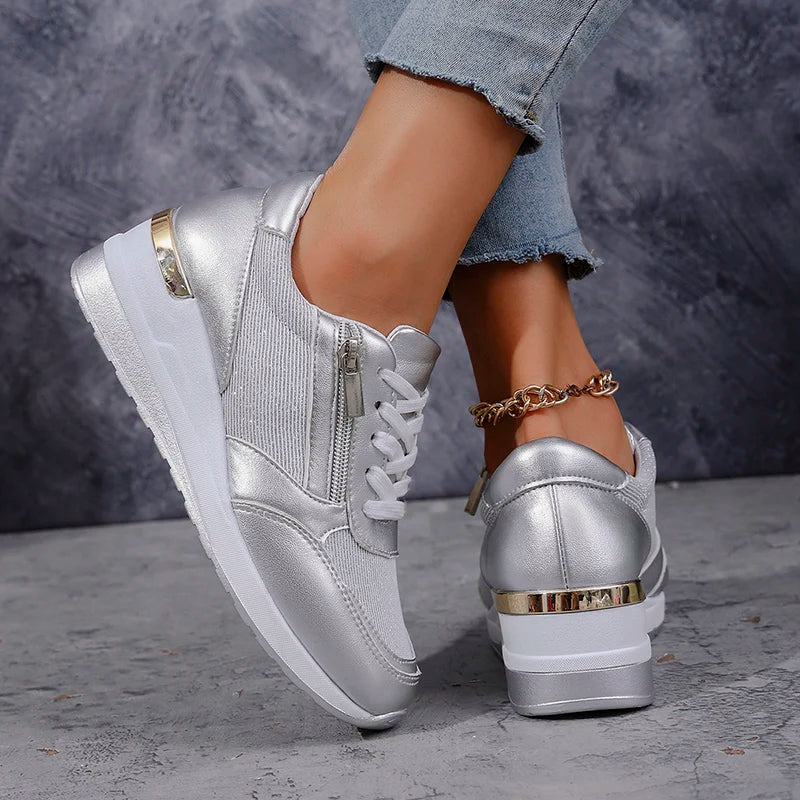 Metallic platform wedge sneakers for women
