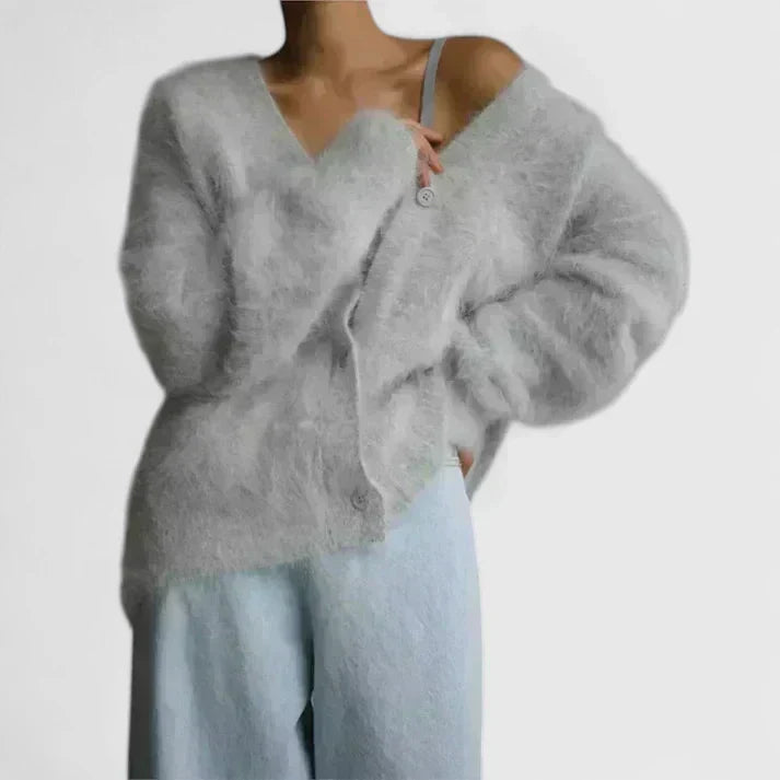 Fuzzy V-neck cardigan in beige, light gray, white and dark gray for women