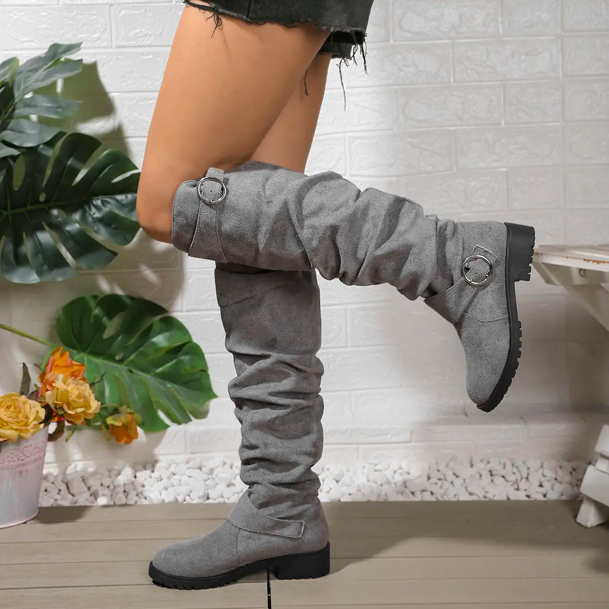 Buckle slouch over-the-knee boots for women