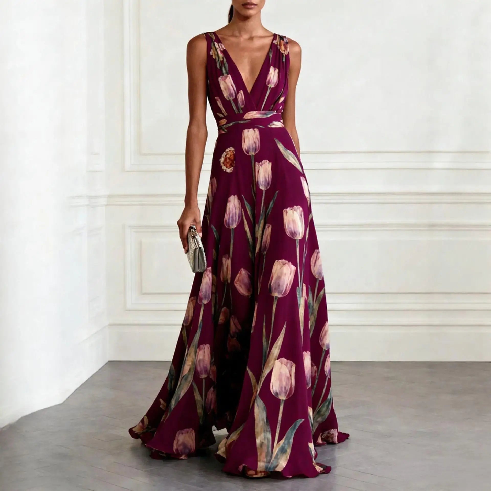 Vestido largo con estampado de tulipanes y escote en V