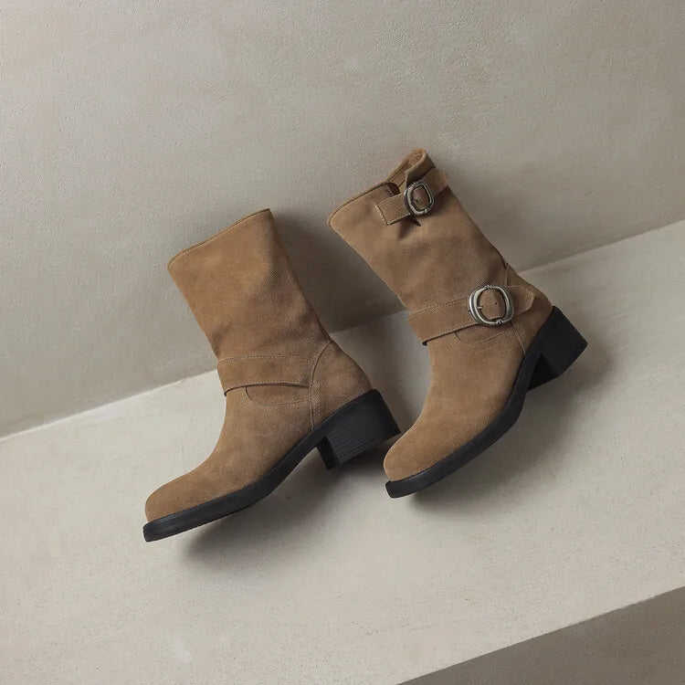 Square toe mid-calf double buckle boots for women