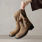 Square toe mid-calf double buckle boots for women