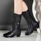Black embellished pointed toe mid-calf boots for women