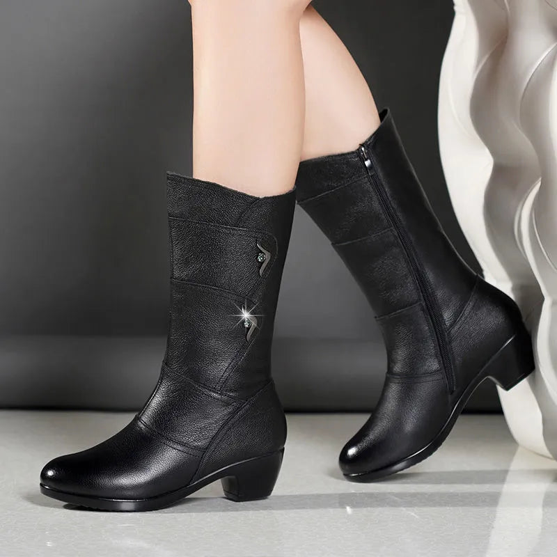 Black embellished pointed toe mid-calf boots for women