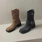 Square toe mid-calf double buckle boots for women