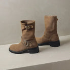 Square toe mid-calf double buckle boots for women