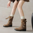 Square toe mid-calf double buckle boots for women
